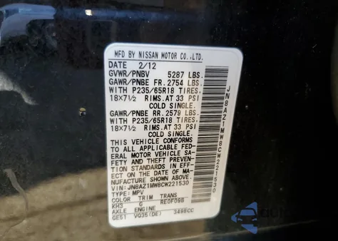 2012 Nissan Murano S из США, поврежденный, VIN JN8AZ1MW8CW221530